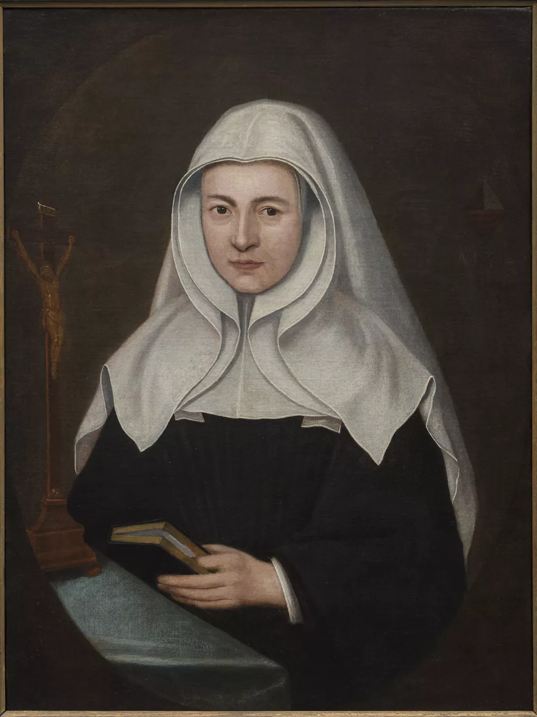 Portret uit 1722 van de begijn Vossius met in de hand een gebedenboek, wat het belang van het gebed in het leven van de begijnen illustreert
